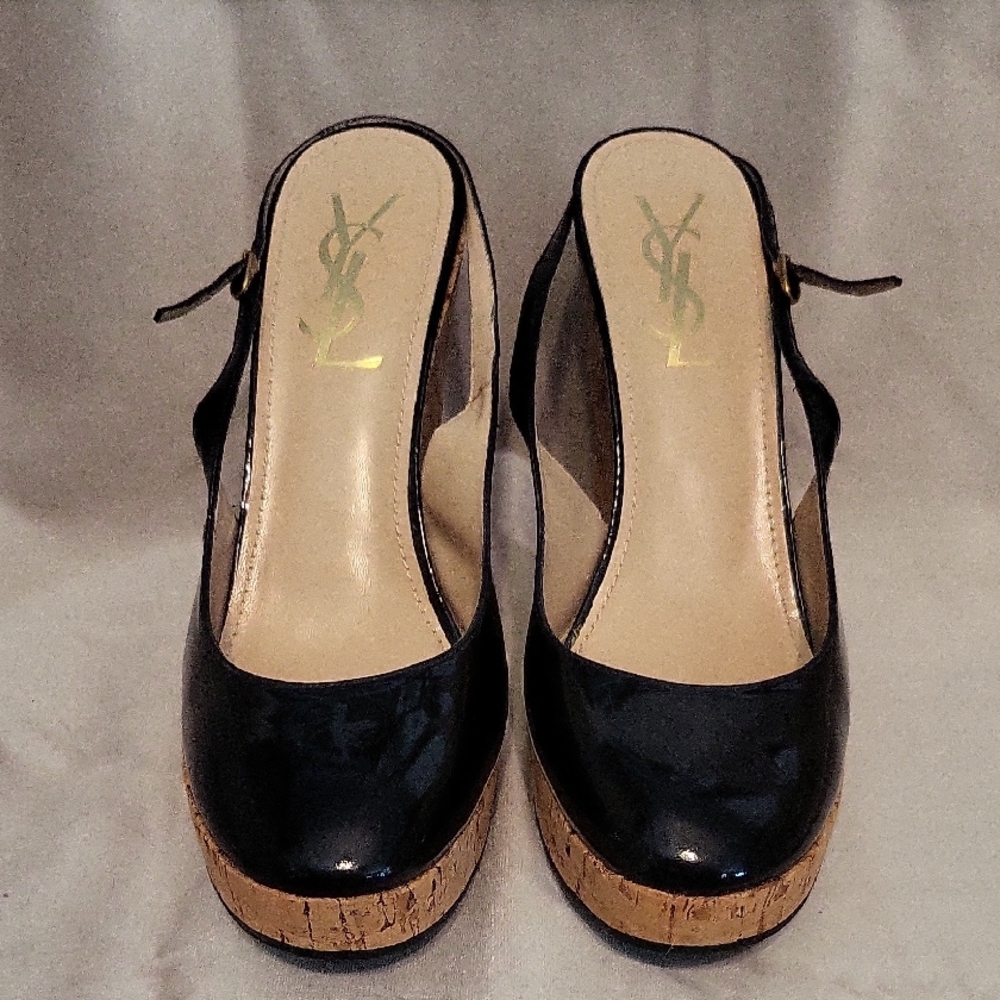 Yves Saint Laurent Black Platform Pumps with Glossy Finish 5" Cork Wedge Heel